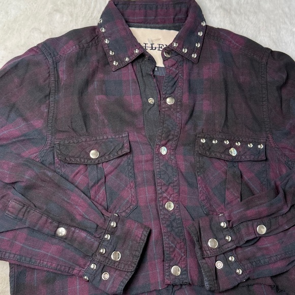 RILEY 1880‎ Crop Plaid Flannel Snap Up Shirt XS/S Bling Purple Western Grunge - Picture 11 of 17